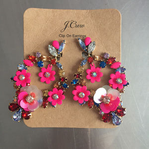 J.Crew Neon Pink Flower Statment Earrings CLIP ON